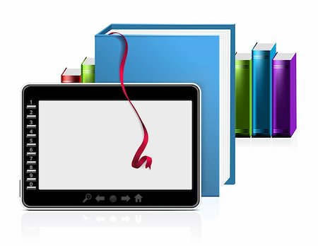E-book reader with stack of books on white. Vector illustration Stock Photo - Budget Royalty-Free & Subscription, Code: 400-05356916