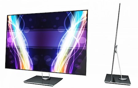 Front and side view of a thin led TV with colored background isolated on white Foto de stock - Super Valor sin royalties y Suscripción, Código: 400-05356955