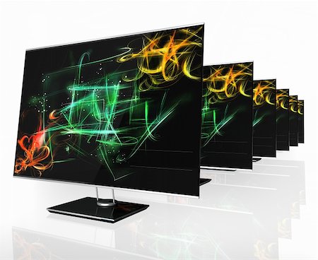 Many led tv in raw with colored background isolated on white with reflection. Foto de stock - Super Valor sin royalties y Suscripción, Código: 400-05356958