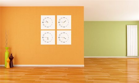 floor heat - orange and green empty interior with clocks and radiator - rendering Stock Photo - Budget Royalty-Free & Subscription, Code: 400-05357894