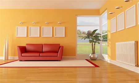 red cushion on a sofa - orange and red modern lounge with couch and radiator-rendering - the image on background is a my photo Stock Photo - Budget Royalty-Free & Subscription, Code: 400-05357898