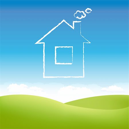 dreaming cloud girl - Cloud House In Air Over Grass Field, Vector Illustration Stock Photo - Budget Royalty-Free & Subscription, Code: 400-05358101