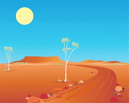 an illustration of an australian outback landscape with orange mountains rocks and gum trees under a hot blue summer sky Photographie de stock - Aubaine LD & Abonnement, Code: 400-05358327