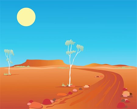 dirt road australia - an illustration of an australian outback landscape with orange mountains rocks and gum trees under a hot blue summer sky Stock Photo - Budget Royalty-Free & Subscription, Code: 400-05358327