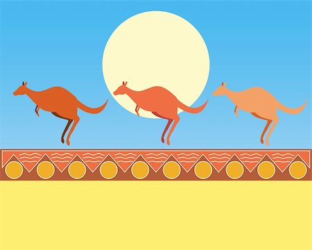 an illustration of three kangaroos with blue sky and a yellow sun on an abstract aboriginal background Stock Photo - Budget Royalty-Free & Subscription, Code: 400-05358328