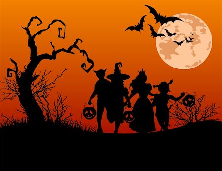 dressing up as a cat for halloween - Halloween background with silhouettes of children trick or treating in Halloween costume Stock Photo - Budget Royalty-Free & Subscription, Code: 400-05358415