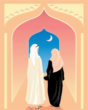an illustration of an arabic couple walking toward an open doorway with stars and a crescent moon Stock Photo - Budget Royalty-Free & Subscription, Code: 400-05359703