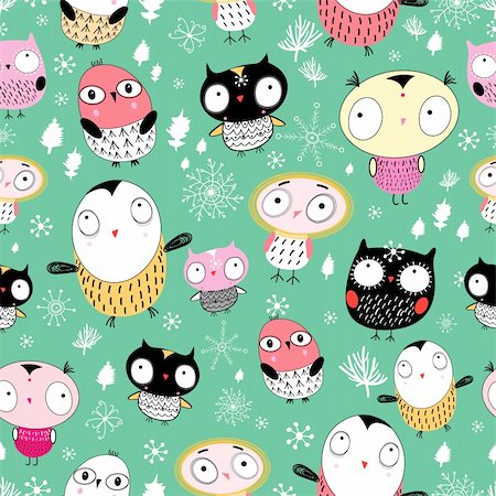 pattern art owl - seamless pattern of the fun colored owls on a green background with trees and snowflakes Stock Photo - Budget Royalty-Free & Subscription, Code: 400-05359898
