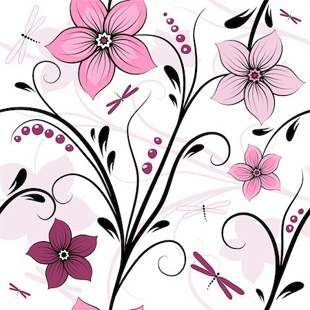 White seamless floral pattern with pink-purple flowers and dragonflies (vector) Stock Photo - Budget Royalty-Free & Subscription, Code: 400-05359946