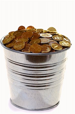 Zinc bucket of gold coins isolated on a white background. Stock Photo - Budget Royalty-Free & Subscription, Code: 400-05350055