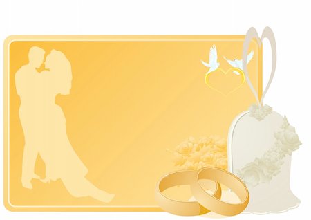 Two gold wedding rings, flowers and a bell near a business card with a picture of the newlyweds, the heart and flying white doves. The illustration on white background. Stock Photo - Budget Royalty-Free & Subscription, Code: 400-05350838