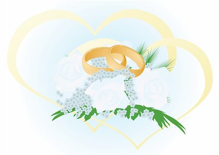 Two gold wedding rings lying in a bouquet of flowers. The illustration on white background Stock Photo - Budget Royalty-Free & Subscription, Code: 400-05350839