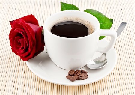 simsearch:400-05005441,k - Cup of coffee and red rose on textured background Stock Photo - Budget Royalty-Free & Subscription, Code: 400-05352030