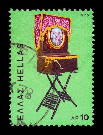 philately - GREECE - CIRCA 1975. Vintage postage stamp with traditional Greek laterna music box portable barrel piano illustration, circa 1975. Stock Photo - Budget Royalty-Free & Subscription, Code: 400-05352469