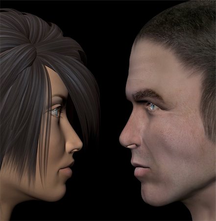 Young couple in love looking into each other's eyes. Man and woman 3d illustration. Stock Photo - Budget Royalty-Free & Subscription, Code: 400-05352587