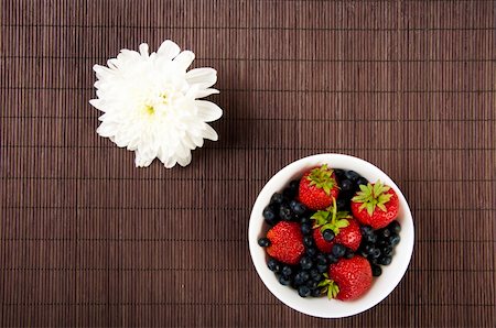 light Breakfast: flower and Berries on a table on a bamboo background Stock Photo - Budget Royalty-Free & Subscription, Code: 400-05352639