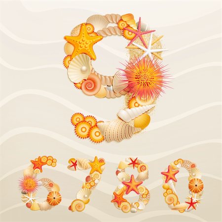 seashell vectors - Numbers, vector sea life font on sand background. Check my portfolio for letters. Stock Photo - Budget Royalty-Free & Subscription, Code: 400-05353075