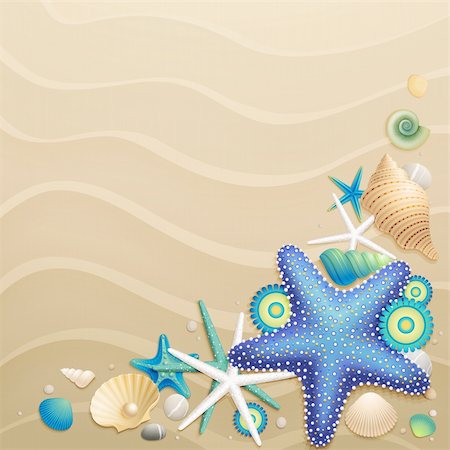 summer beach postcard - Shells and starfishes on sand background. Vector illustration. Stock Photo - Budget Royalty-Free & Subscription, Code: 400-05353072