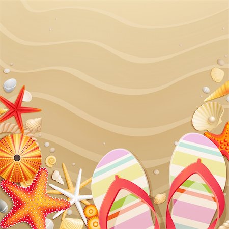 Flip-flops and shells on sand background. Vector illustration. Foto de stock - Super Valor sin royalties y Suscripción, Código: 400-05353085