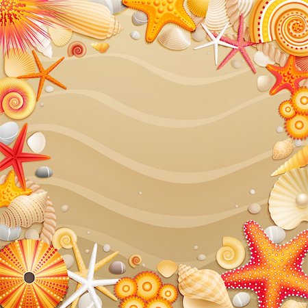 sea postcards vector - Shells and starfishes on sand background. Vector illustration. Stock Photo - Budget Royalty-Free & Subscription, Code: 400-05353086