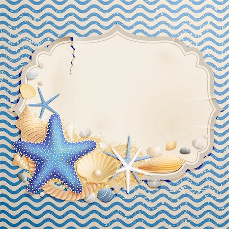 summer text message - Vintage greeting card with shells and starfishes and place for text. Foto de stock - Super Valor sin royalties y Suscripción, Código: 400-05353110