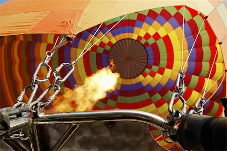 Close-up of hot air balloon rigging and flames from jets, mulrti colored balloon, guide rops, landscape, tight crop Stock Photo - Budget Royalty-Free & Subscription, Code: 400-05353199