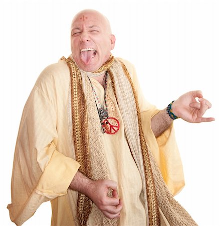 simsearch:400-05379674,k - Crazy bald guru plays air guitar over white background Stock Photo - Budget Royalty-Free & Subscription, Code: 400-05353769