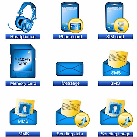 sim card - Collection of 9 blue phone icons isolated separately on white background. - part 6 Stock Photo - Budget Royalty-Free & Subscription, Code: 400-05364079