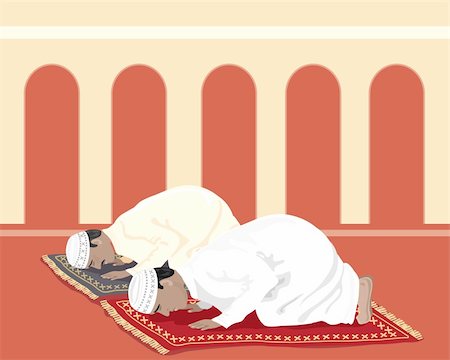 an illustration of two Muslims praying on prayer mats in a mosque Stock Photo - Budget Royalty-Free & Subscription, Code: 400-05364432