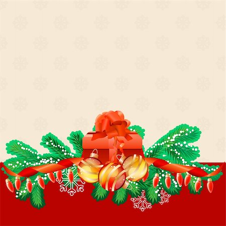 simsearch:400-05364565,k - Christmas beige greeting card with gift box, green branches of fir, garland and ribbon Stock Photo - Budget Royalty-Free & Subscription, Code: 400-05364518
