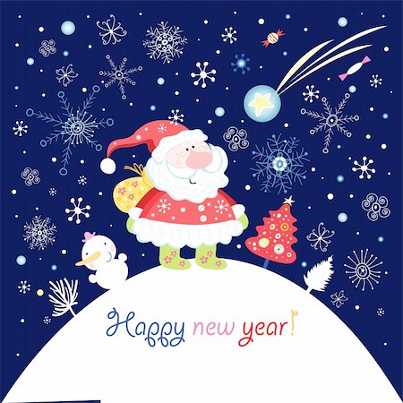 bright greeting card with Santa Claus and snowman in the background with snowflakes and a star Stock Photo - Budget Royalty-Free & Subscription, Code: 400-05364945