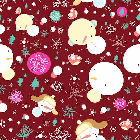 seamless pattern of bright funny snowmen on burgundy background with snowflakes and Christmas trees Stock Photo - Budget Royalty-Free & Subscription, Code: 400-05364943