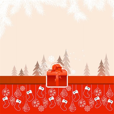 simsearch:400-05364565,k - Red beautiful Christmas card with hanging santa socks and gift box Stock Photo - Budget Royalty-Free & Subscription, Code: 400-05365575