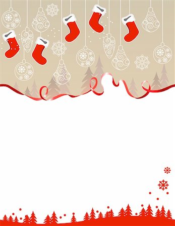 simsearch:400-05364565,k - Christmas greeting card with hanging santa socks and ribbon Stock Photo - Budget Royalty-Free & Subscription, Code: 400-05365594