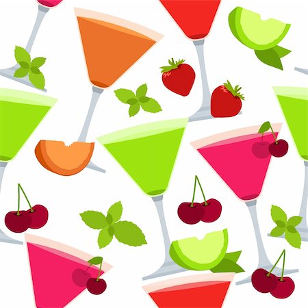 drink martini glass fruits white background - Seamless pattern with different cocktails and fruits on white Stock Photo - Budget Royalty-Free & Subscription, Code: 400-05365996