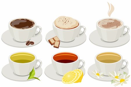 full breakfast - Set of cups with hot drinks isolated on white. No gradients,no meshes Stock Photo - Budget Royalty-Free & Subscription, Code: 400-05366005