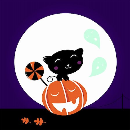 scary black cat - Cute stylized Cat character, Halloween Midnight scene. Vector cartoon Illustration. Stock Photo - Budget Royalty-Free & Subscription, Code: 400-05367784