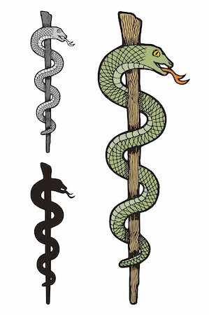 Illustration of three versions of one snake caduceus, colored, silhouette and gray scale. Stockbilder - Microstock & Abonnement, Bildnummer: 400-05367932