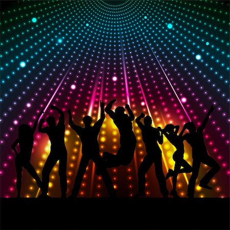 dancing couples silhouettes - Silhouettes of people dancing on a disco lights background Stock Photo - Budget Royalty-Free & Subscription, Code: 400-05368629