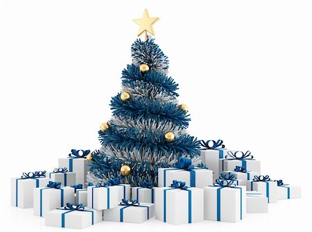 white and blue christmas tree with gifts on white background - rendering Stock Photo - Budget Royalty-Free & Subscription, Code: 400-05368676