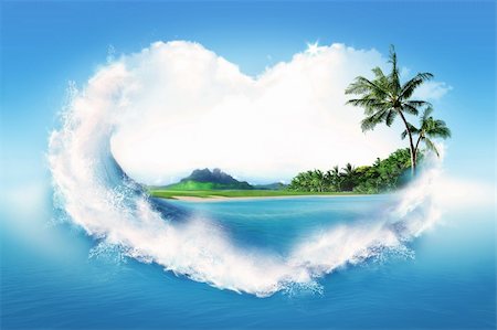 Tropical island framed with heart shape frame Foto de stock - Super Valor sin royalties y Suscripción, Código: 400-05369358