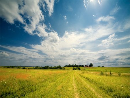Wide angle shot of a summer field with dirt road Stock Photo - Budget Royalty-Free & Subscription, Code: 400-05360738