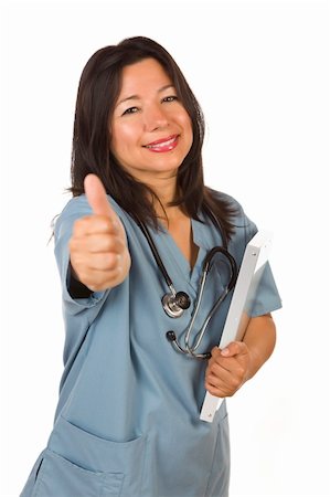 Happy Attractive Hispanic Doctor or Nurse with Thumbs Up Isolated on a White Background. Stock Photo - Budget Royalty-Free & Subscription, Code: 400-05360764