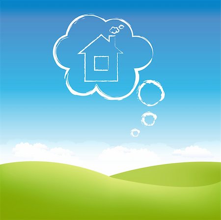 dreaming cloud girl - Cloud House In Air Over Grass Field, Vector Illustration Stock Photo - Budget Royalty-Free & Subscription, Code: 400-05362541