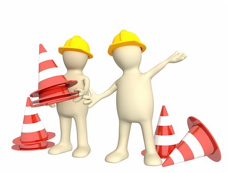 Two 3d puppets with emergency cones. Isolated over white Stock Photo - Budget Royalty-Free & Subscription, Code: 400-05362719