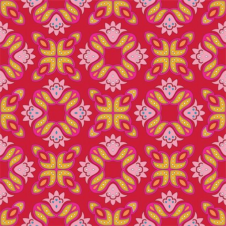 simsearch:400-05676673,k - Cheerful, seamless and colorful floral pattern with dots on a bright red background Foto de stock - Super Valor sin royalties y Suscripción, Código: 400-05363608