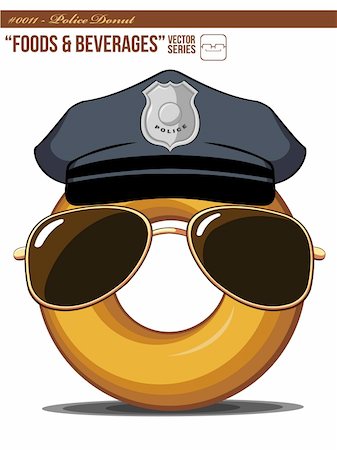 police investigator at work - An isolated vector of a cartoon donut wearing police's hat and sunglasses. Good for many application, especially for logo and character, Hat and sunglasses could be separated from the donut.  Available as a Vector in EPS8 format that can be scaled to any size without loss of quality. The graphics elements are all can easily be moved or edited individually. Stock Photo - Budget Royalty-Free & Subscription, Code: 400-05374300