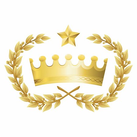royal king symbol - Vector Illustration of Gold King Crown with Quality Laurel Wreath and Champion Star. Representations include: Power, Success, Victory, Quality, First Place, 1st, Best, Winner, MVP, honor. Isolated on white. Stock Photo - Budget Royalty-Free & Subscription, Code: 400-05375074