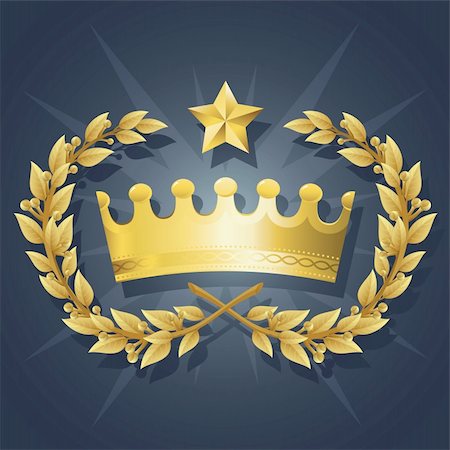 royal king symbol - Vector Illustration of Gold King Crown with Quality Laurel Wreath and Champion Star. Representations include: Power, Success, Victory, Quality, First Place, 1st, Best, Winner, MVP, honor. Royal Blue background. Stock Photo - Budget Royalty-Free & Subscription, Code: 400-05375072
