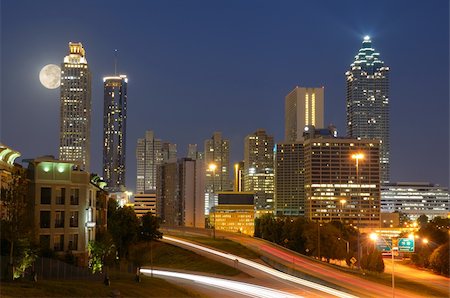 simsearch:400-06866509,k - Skyline of downtown Atlanta, Georgia from above Freedom Parkway with a full moon. Stock Photo - Budget Royalty-Free & Subscription, Code: 400-05376481